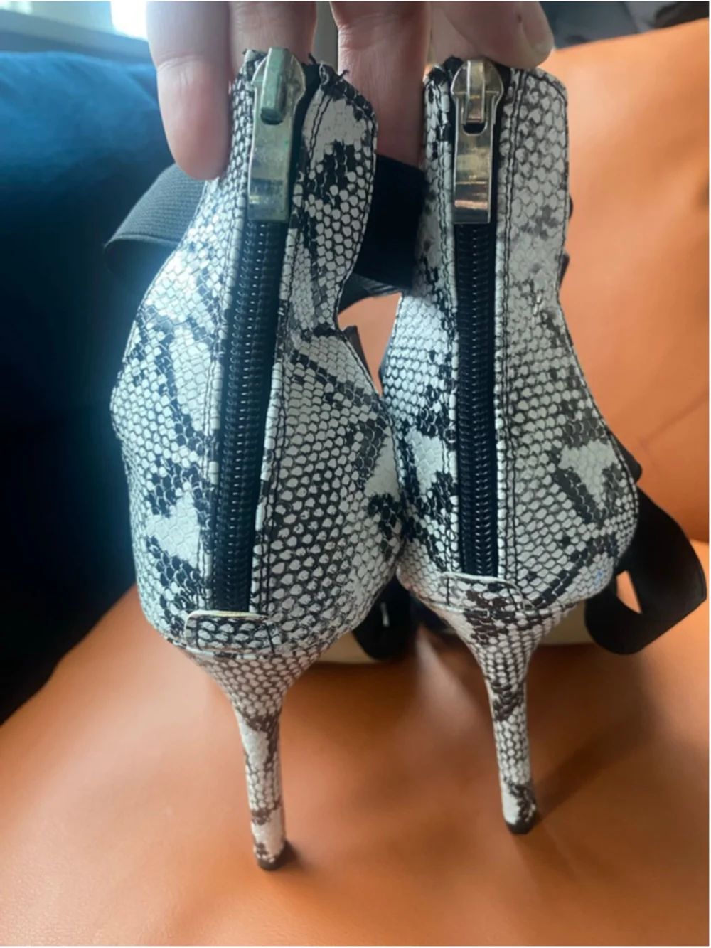Black and white snake skin strap stiletto sandals pumps
